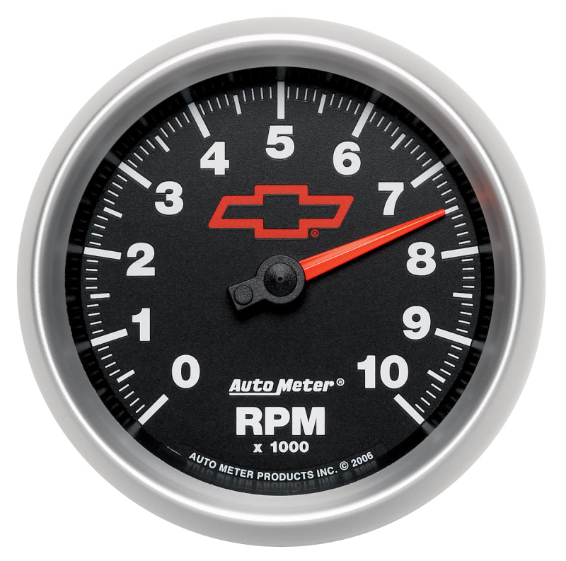AutoMeter Gauge Tachometer 3-3/8in. 10K RPM In-Dash Chevy Red Bowtie Black Gauges AutoMeter