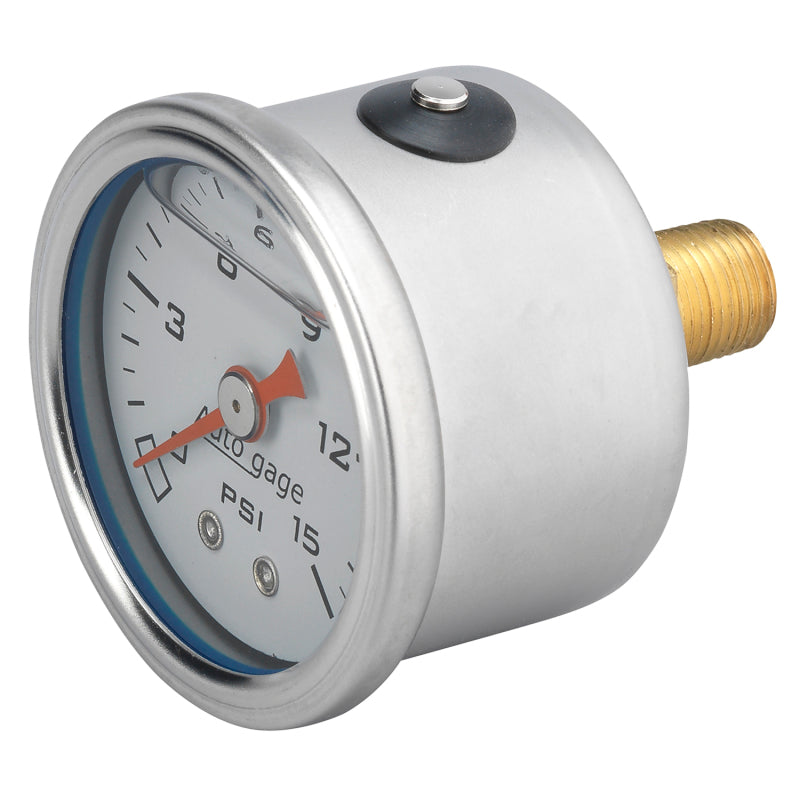 Autometer AutoGage 1.5in Liquid Filled Mechanical 0-15 PSI Fuel Pressure Gauge - White Gauges AutoMeter