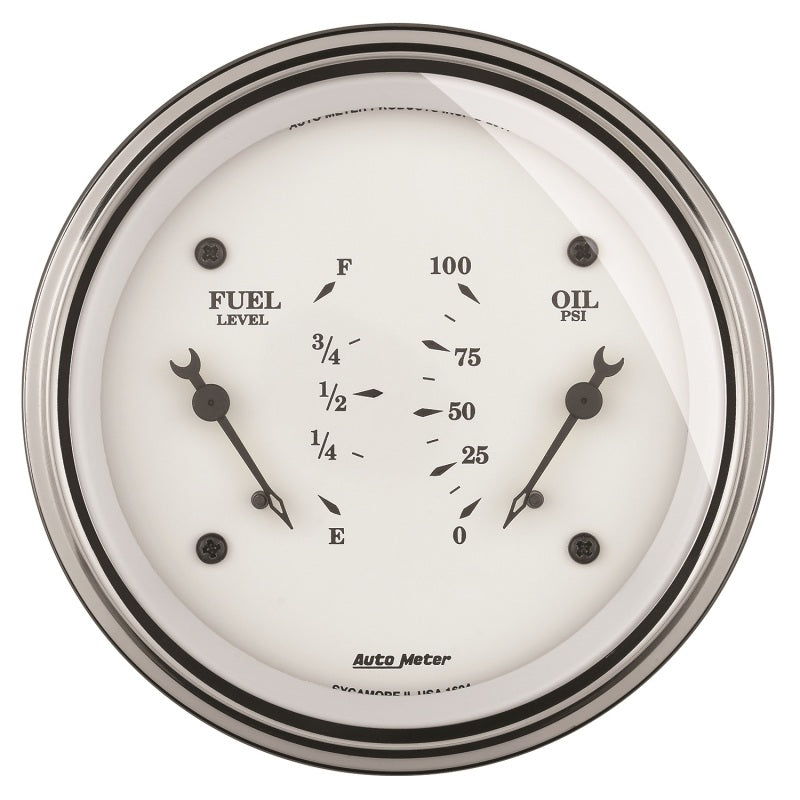 AutoMeter Gauge Dual Fuel & Oilp 3-3/8in. 240 Ohm(e) to 33 Ohm(f) & 100PSI Elec Old Tyme Wht Gauges AutoMeter