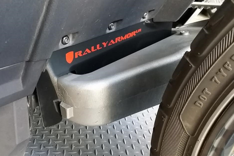 Rally Armor 15-24 Polaris Slingshot Rear Swingarm Black UR Mud Flap w/Orange Logo (MOQ 200 PCS) Mud Flaps Rally Armor