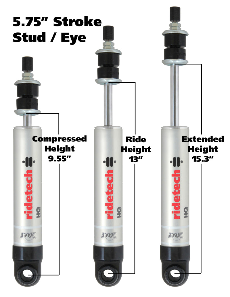 Ridetech HQ Series Shock Absorber Single Adjustable 5.75in Stroke Eye/Stud Mounting 9.55in x 15.3in Shocks and Struts Ridetech
