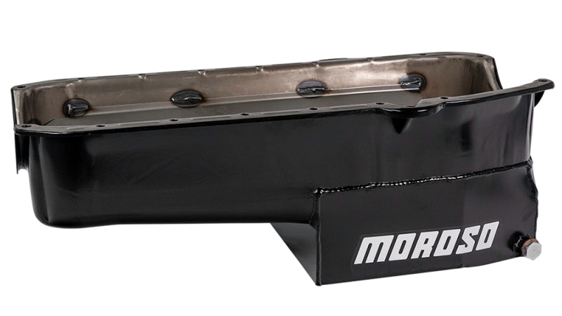 Moroso Pre-80 Chevrolet SBC (w/Driver Side Dipstick) Wet Sump 7qt 7.5in Steel Oil Pan - Black Oil Pans Moroso