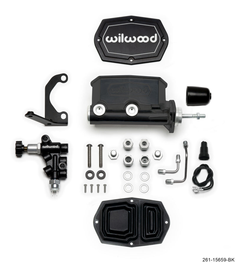 Wilwood Compact Tandem M/C - 7/8in Bore w/RH Bracket and Valve (Pushrod) - Black Brake Master Cylinder Wilwood