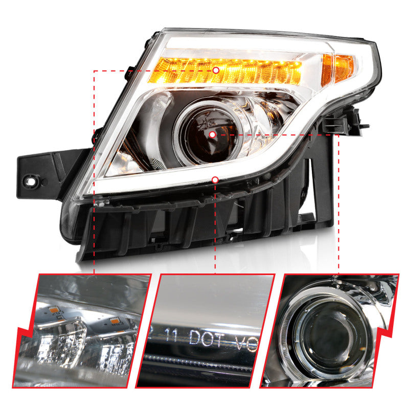 ANZO 11-15 Ford Explorer Projector Headlights w/ Light Bar Chrome Housing w/ Amber light Headlights ANZO