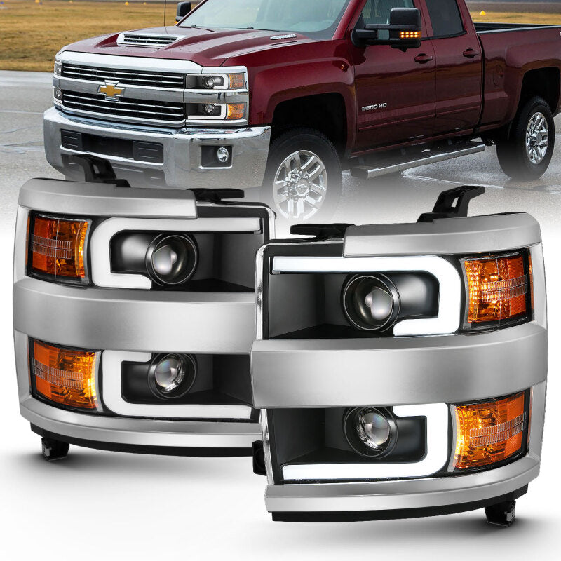 ANZO 2015-2016 Chevrolet Silverado Projector Headlights w/ Plank Style Design Black w/ Amber Headlights ANZO