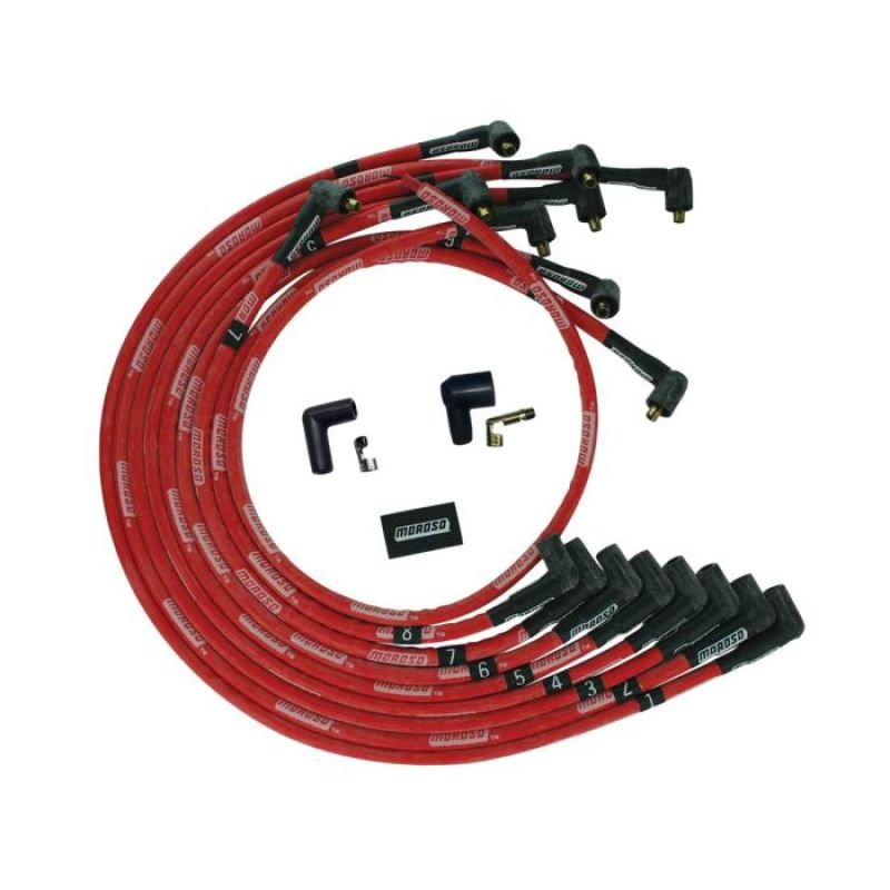 Moroso BBC Under Header 90 Deg Plug Boots Non-HEI Sleeved Ultra Spark Plug Wire Set - Red Spark Plug Wire Sets Moroso