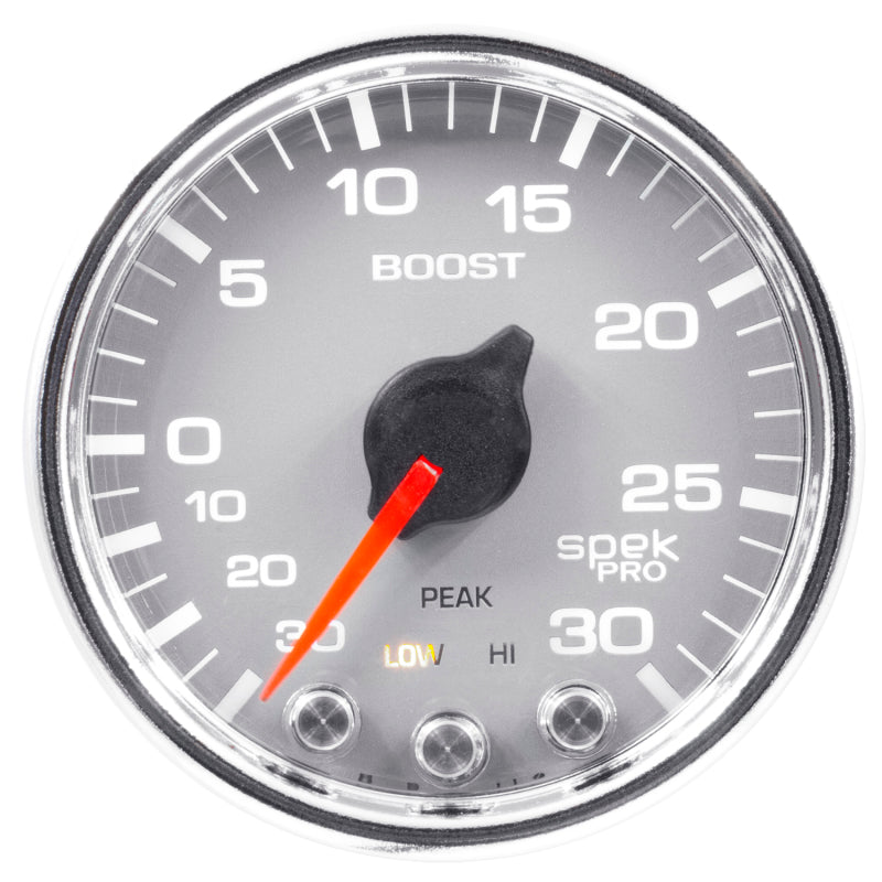 Autometer Spek-Pro Gauge Vac/Boost 2 1/16in 30Inhg-30psi Stepper Motor W/Peak & WarnSilver/Chrome Gauges AutoMeter