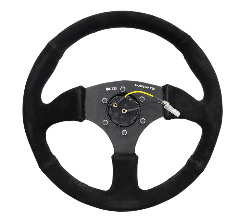 NRG Reinforced Steering Wheel (350mm / 2.5in. Deep) Blk Suede Comfort Grip w/5mm Matte Blk Spokes Steering Wheels NRG