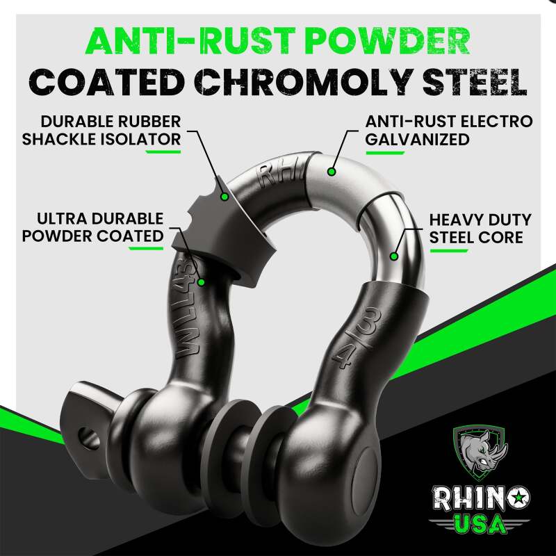 Rhino USA 3/4In D-Ring Shackle Set (2-Pack) Matte Black Shackle Kits Rhino USA