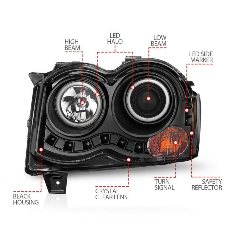ANZO 2008-2010 Jeep Grand Cherokee Projector Headlights w/ Halo Black (CCFL) Headlights ANZO