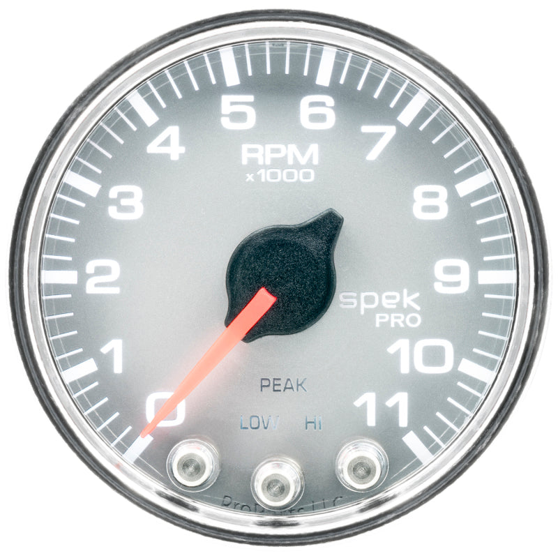 Autometer Spek-Pro Gauge Tach 2 1/16in 11K Rpm W/ Shift Light & Peak Mem Slvr/Chrm Gauges AutoMeter