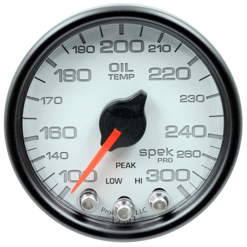 Autometer Spek-Pro Gauge Oil Temp 2 1/16in 300f Stepper Motor W/Peak & Warn Wht/Blk Gauges AutoMeter