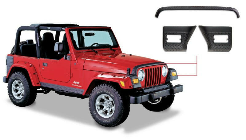 Bushwacker 97-06 Jeep Wrangler Trail Armor Hood Stone Guard and 2 Front Corners - Black Body Armor & Rock Rails Bushwacker