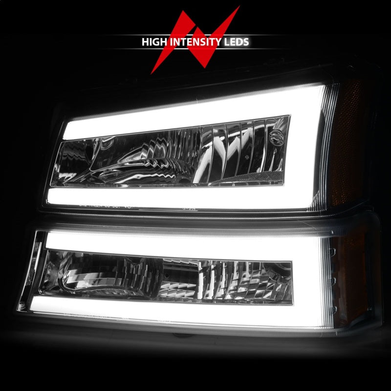 ANZO 2003-2006 Chevrolet Silverado 1500 Crystal Headlights w/ Light Bar Chrome Housing Headlights ANZO