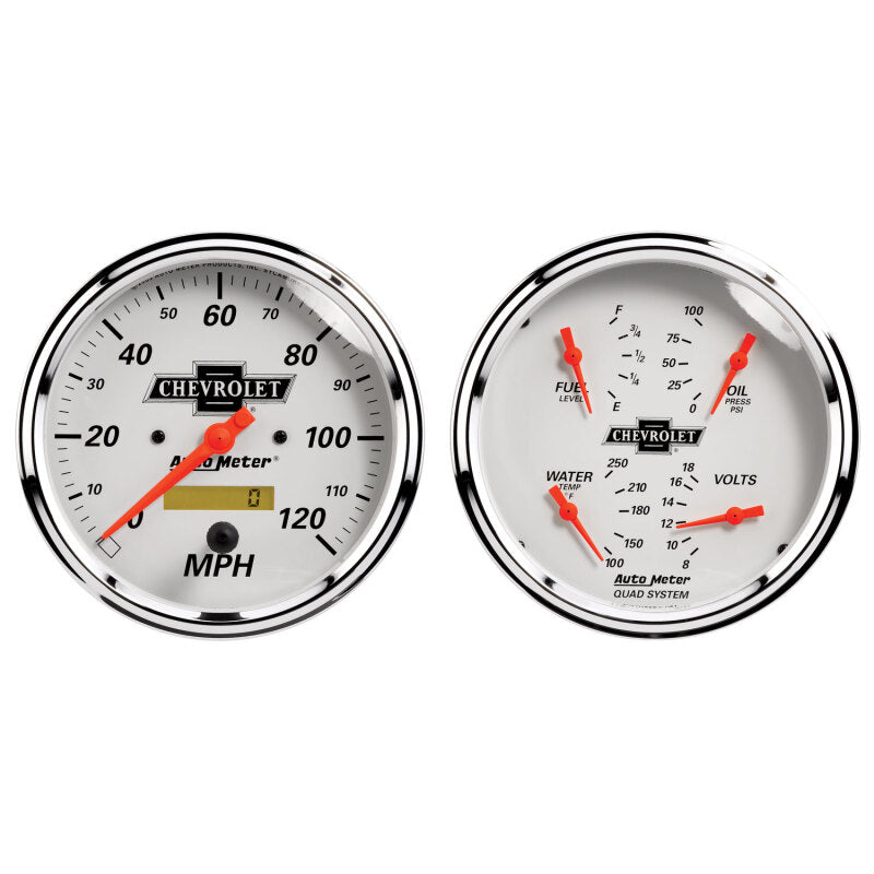 AutoMeter Gauge Kit 2 Pc. Quad & Speedometer 5in. Chevrolet Heritage Bowtie Gauges AutoMeter