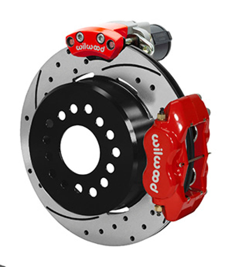 Wilwood Forged Dynalite Rear Electronic Parking Brake Kit - Red Powder Coat Caliper - SRP D/S Rotor Brake Calipers - Perf Wilwood