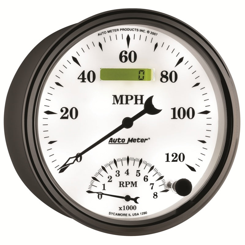 AutoMeter Gauge Tach/Speedo 5in. 120MPH & 8K RPM Elec. Program Old Tyme White II Gauges AutoMeter