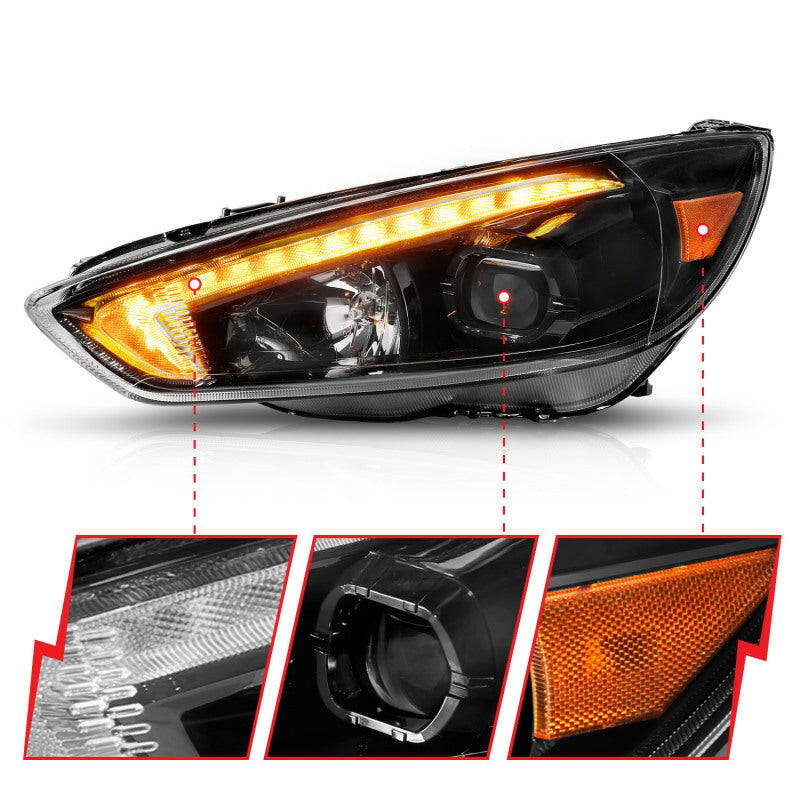 ANZO 15-18 Ford Focus Projector Headlights - w/ Light Bar Switchback Black Housing Headlights ANZO