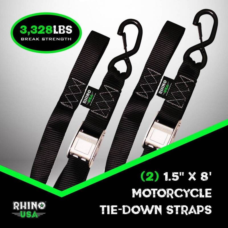 Rhino USA Cambuckle Motorcycle Tiedown Straps 2-Pack (Black) 1.5In X 8Ft Cargo Tie-Downs Rhino USA
