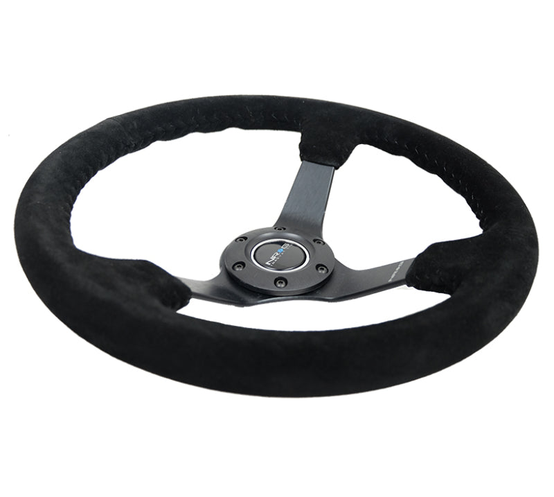 NRG Reinforced Steering Wheel (350mm / 3in. Deep) Blk Suede/Blk Bball Stitch w/5mm Matte Black Spoke Steering Wheels NRG