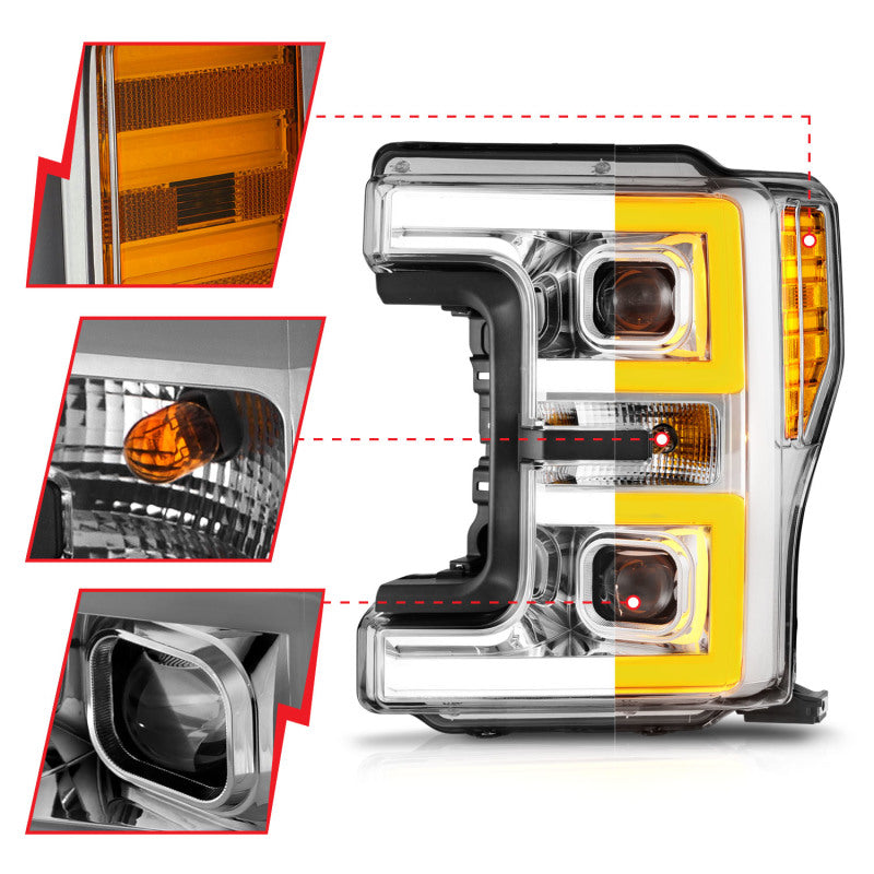 ANZO 17-19 Ford F-250/350/450 SD (w/o Factory LED HL) LED Proj Headlights w/Light Bar Switchback Chr Headlights ANZO