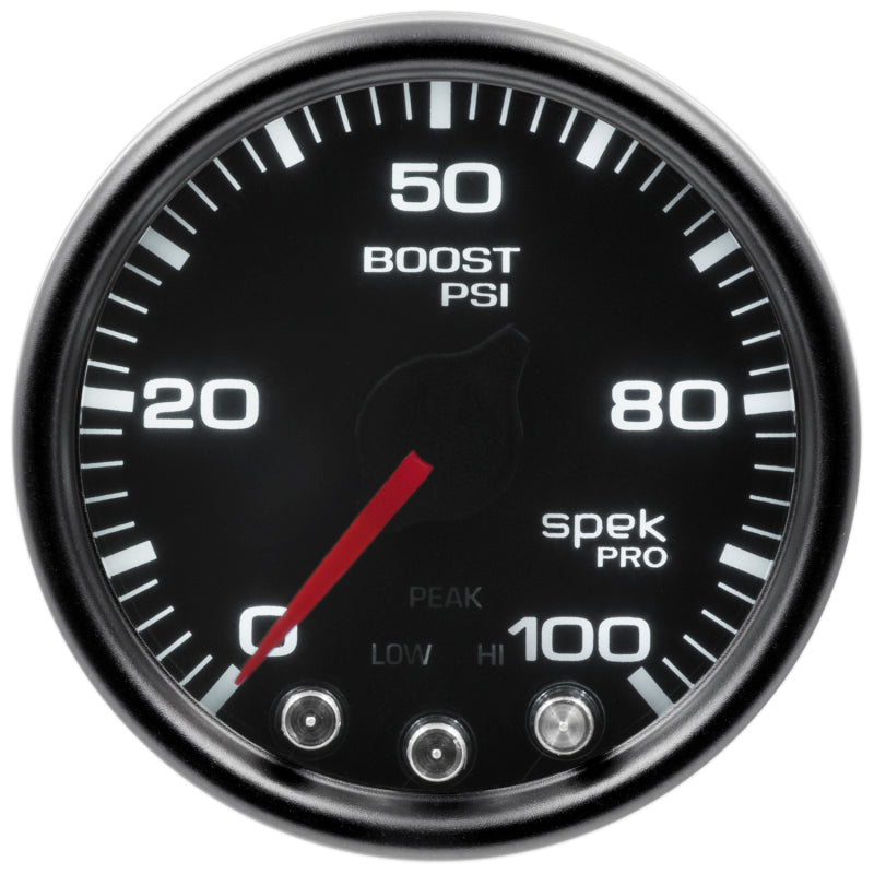 Autometer Spek-Pro Gauge Boost 2 1/16in 100psi Stepper Motor W/Peak & Warn Blk/Smoke/Blk Gauges AutoMeter