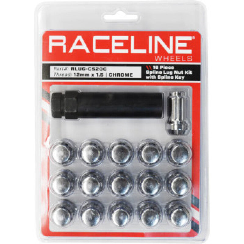 Raceline Spline Lug Nut Kit with Spline Key 12 x 1.5 - 16 Pack - Chrome Wheel Accessories Raceline