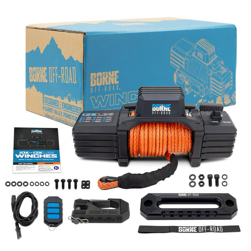Borne Off-Road 12K Winch - Orange Synthetic Rope Winches Borne Off-Road