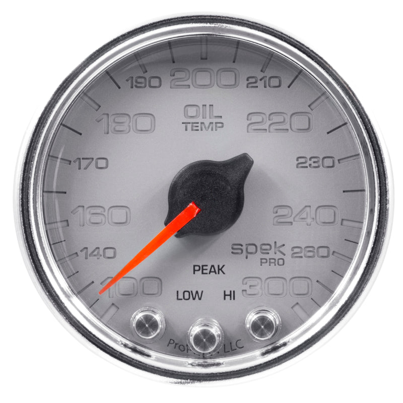 Autometer Spek-Pro Gauge Oil Temp 2 1/16in 300f Stepper Motor W/Peak & Warn Slvr/Chrm Gauges AutoMeter