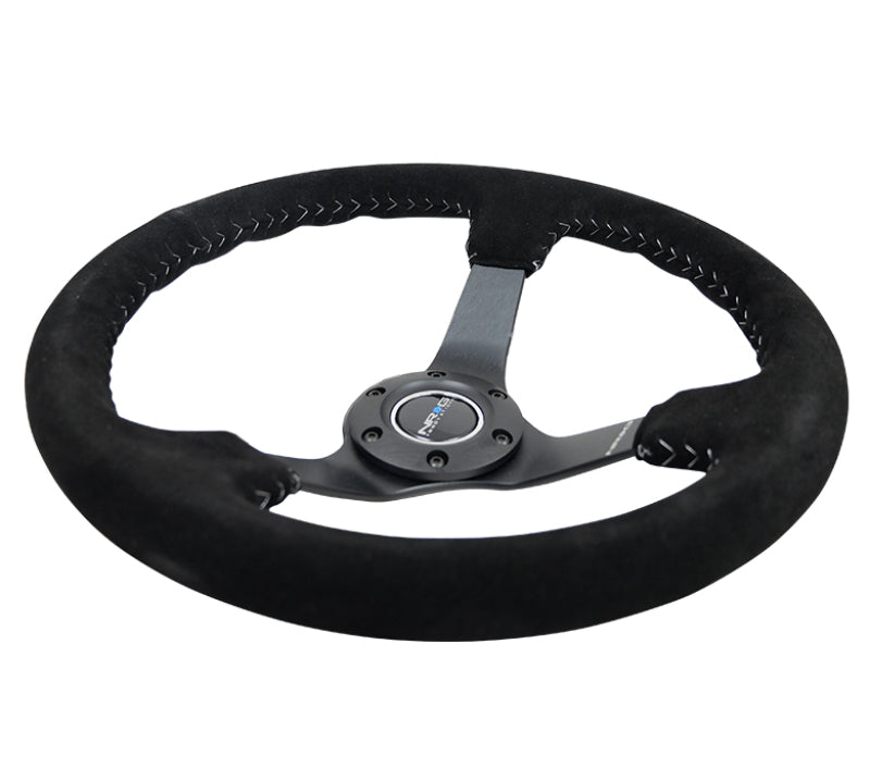 NRG Reinforced Steering Wheel (350mm / 3in. Deep) Blk Suede/Silver BBall Stitch w/5mm Mt. Blk Spokes Steering Wheels NRG