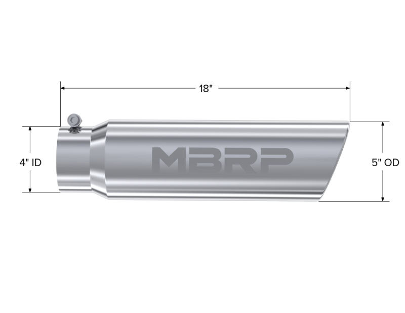 MBRP Universal 5in OD Angled Rolled End 4in Inlet 18in Lgth T304 Exhaust Tip Steel Tubing MBRP