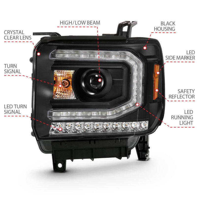 ANZO 2016-2019 GMC Sierra 1500 Projector Headlight Plank Style Black w/ Sequential Amber Signal Headlights ANZO