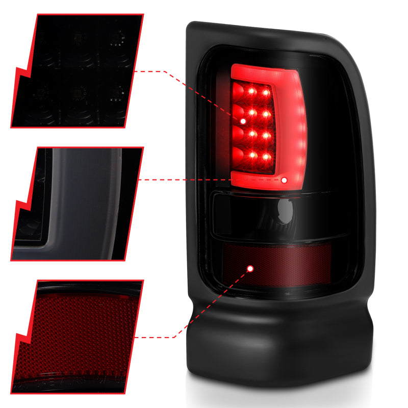 ANZO 1994-2001 Dodge Ram 1500 LED Taillights Plank Style Black w/Smoke Lens Tail Lights ANZO