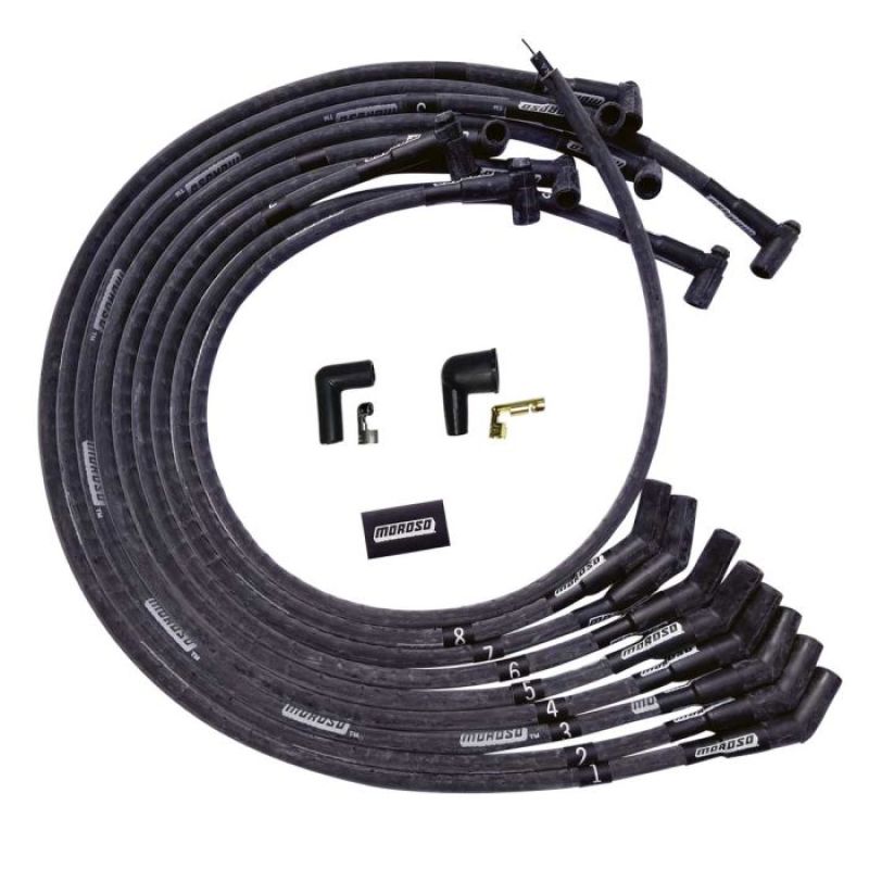 Moroso BBC Under Header Sleeved 135 Plug End HEI Ultra Spark Plug Wire Set - Black Spark Plug Wire Sets Moroso