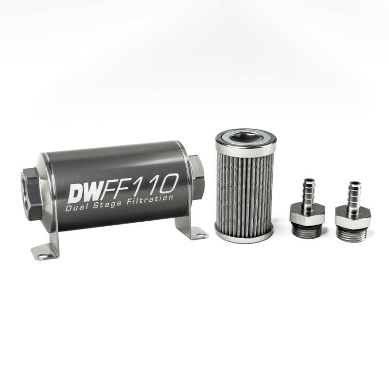 DeatschWerks Stainless Steel 5/16in 100 Micron Universal Inline Fuel Filter Housing Kit (110mm) Fuel Filters DeatschWerks