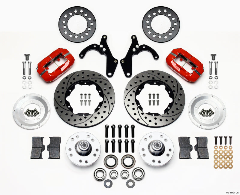 Wilwood Forged Dynalite Front Kit 11.00in Drill-Red 55-57 Chevy Big Brake Kits Wilwood