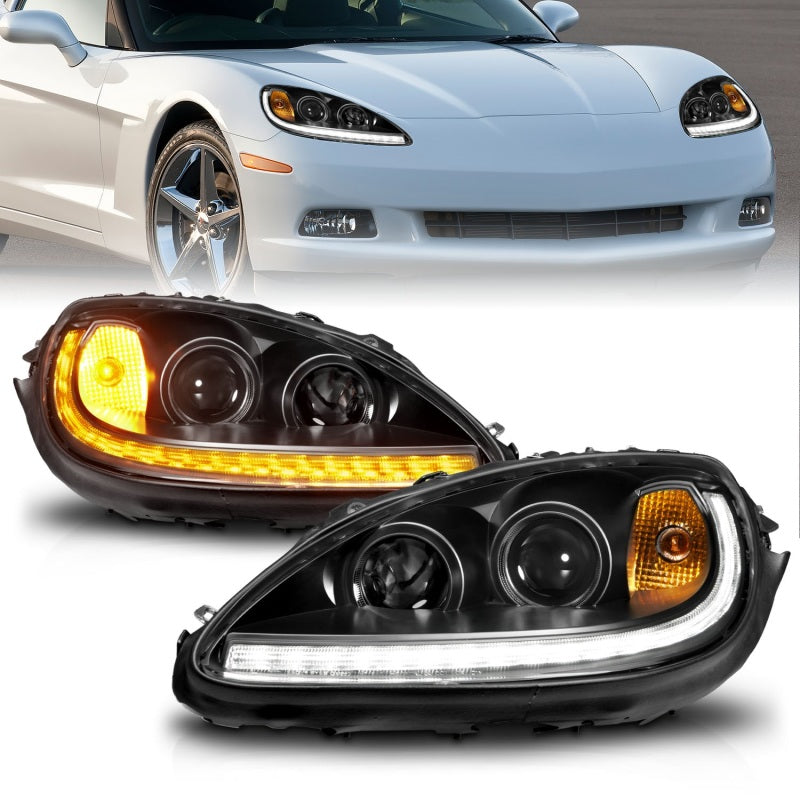 ANZO 05-13 Chevrolet Corvette Projector Headlights w/switchback & Sequential LED - Black Amber Headlights ANZO