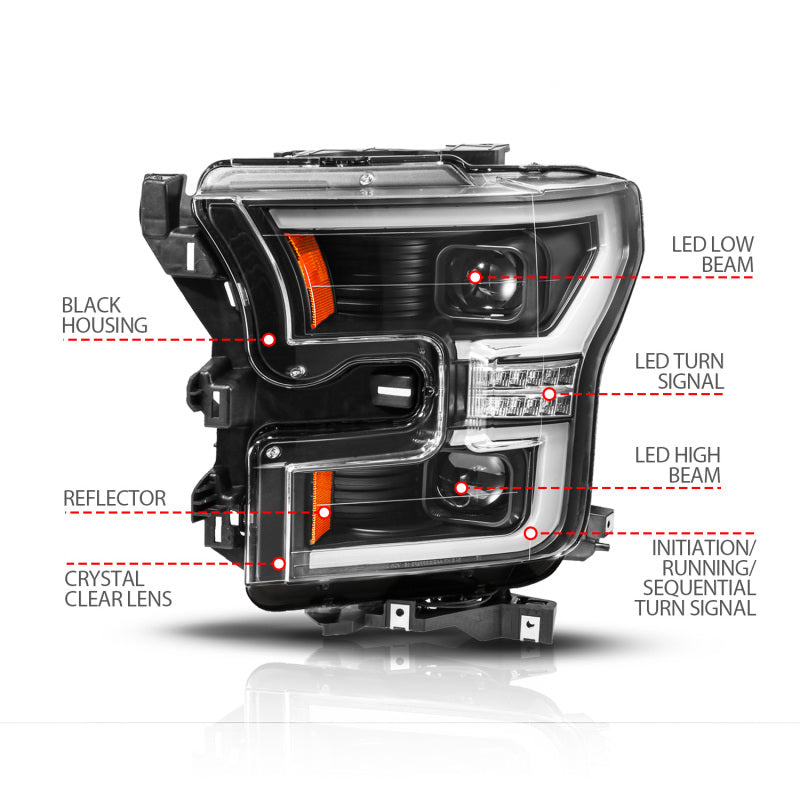 ANZO 15-17 Ford F-150 (Factory Halogen Model ONLY) Full LED Proj Headlights Init/SeqSig Black- Pair Headlights ANZO