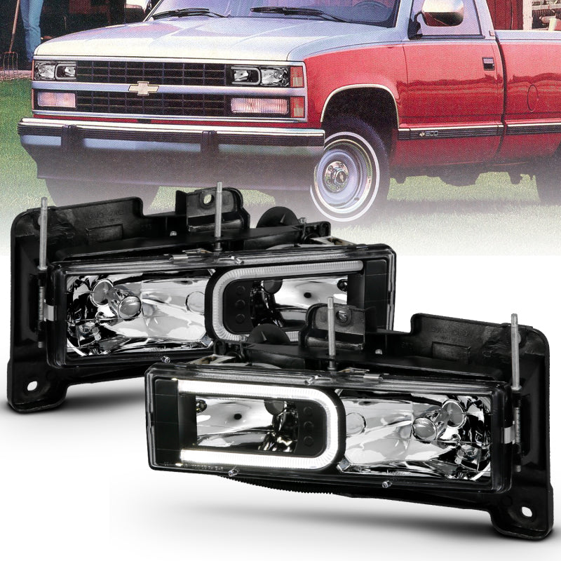 ANZO 1999-2000 Cadillac Escalade Crystal Headlights Light Bar Black Housing (Pair) Headlights ANZO