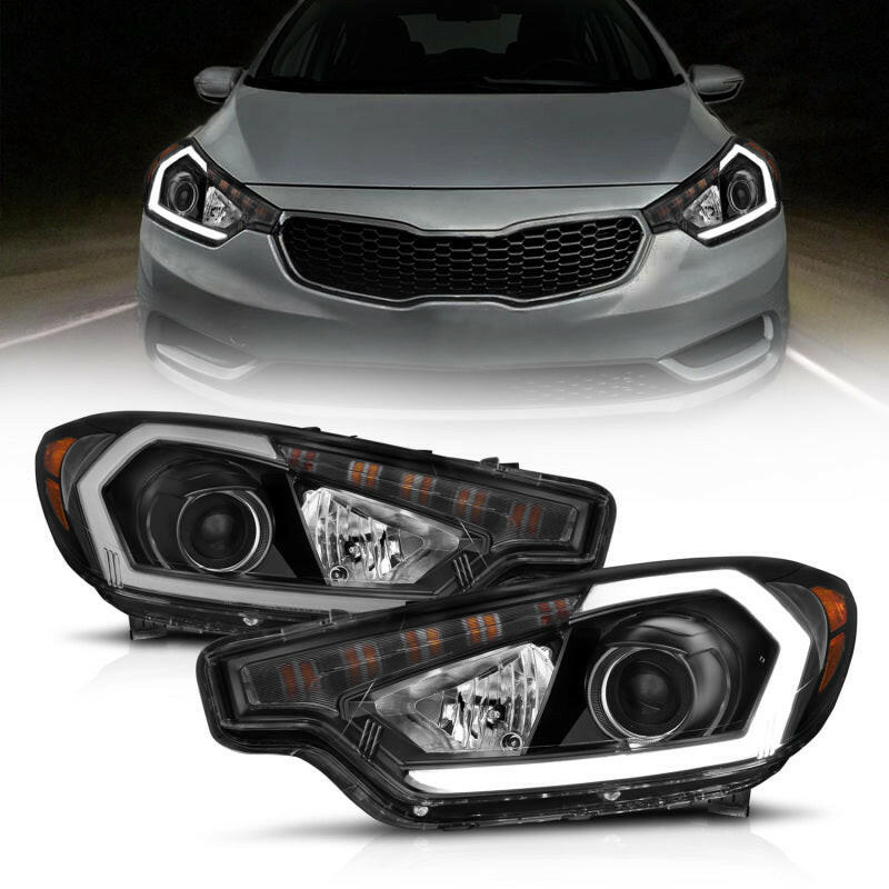 ANZO 2014-2016 Kia Forte Projector Headlights w/ Light Bar Black Housing w/ DRL Headlights ANZO