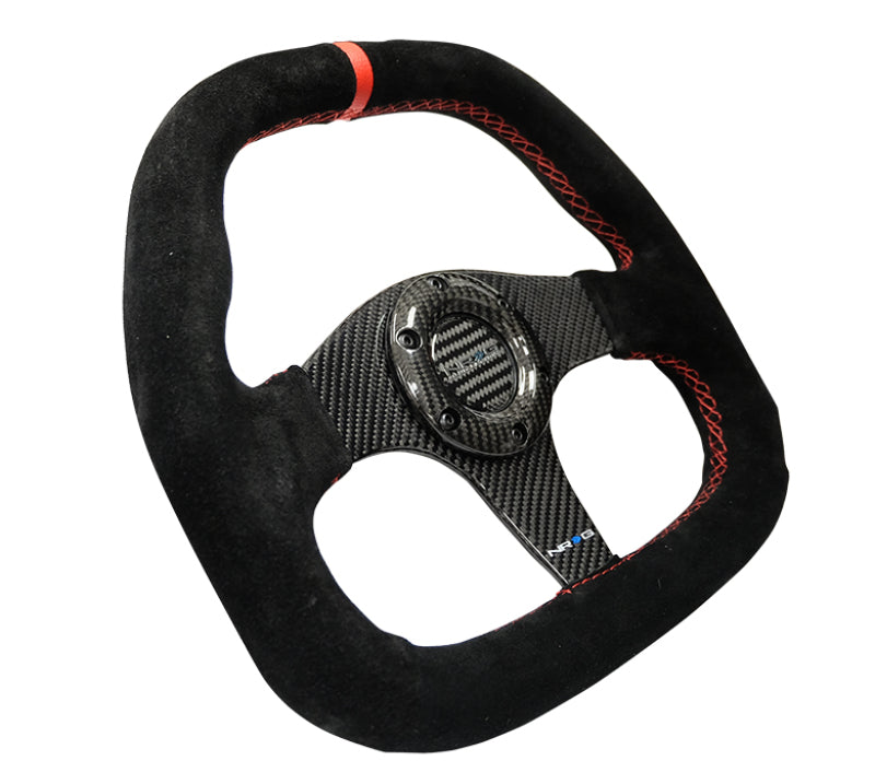 NRG Carbon Fiber Steering Wheel (320mm) Flat Btm. Blk Suede/Red Stitch w/CF Spokes & Red Center Mark Steering Wheels NRG