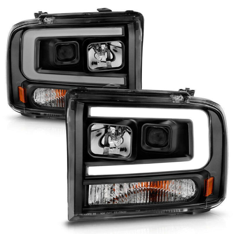 ANZO 99-04 Ford F250/F350/F450/Excursion (excl 99) Projector Headlights - w/ Light Bar Black Housing Headlights ANZO