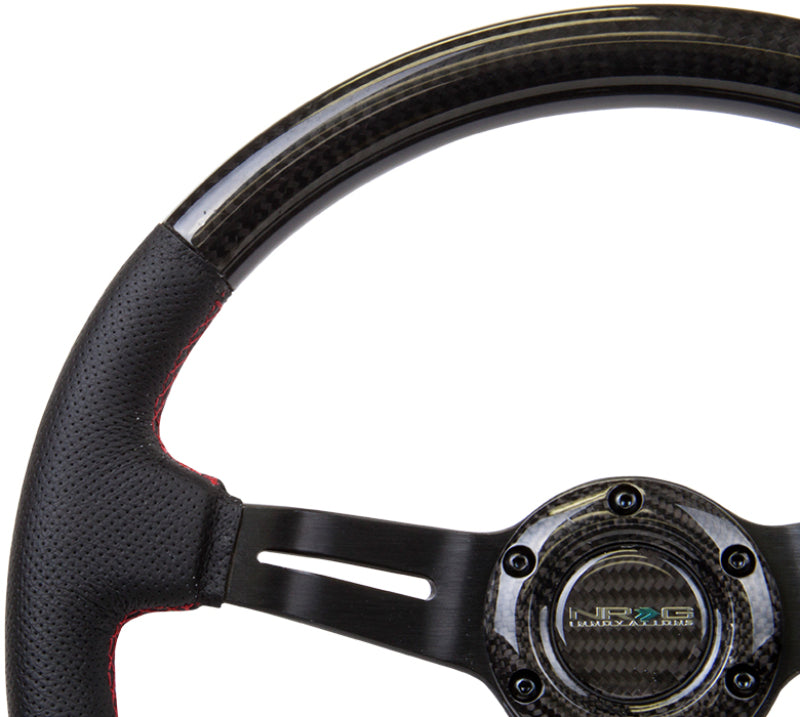 NRG Carbon Fiber Steering Wheel (350mm /1.5in. Deep) Leather Trim w/Red Stitch & Slit Cutout Spokes Steering Wheels NRG