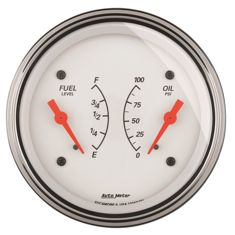AutoMeter Gauge Dual Fuel & Oilp 3-3/8in. 0 Ohm(e) to 90 Ohm(f)& 100PSI Elec Arctic White Gauges AutoMeter