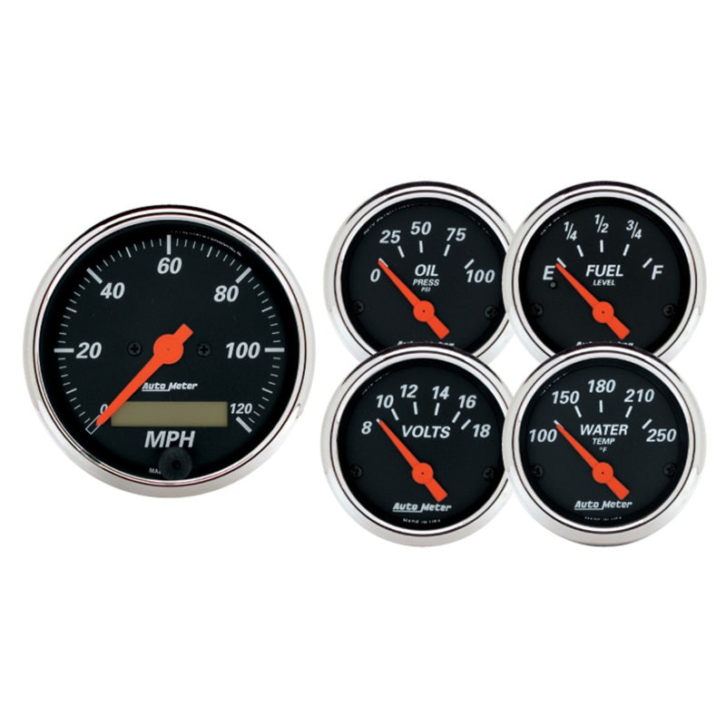 Autometer Designer 3-3/8in & 2-1/16in Kit Box-Elec Speedo & Elec Oil Press H2O Temp Volt Fuel Level Gauges AutoMeter