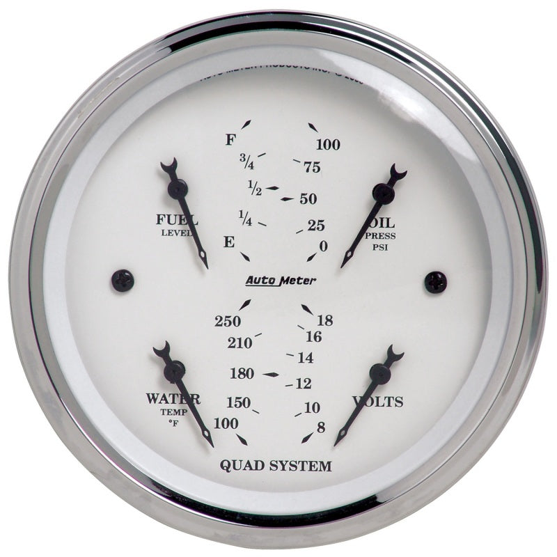 Autometer Old Tyme White 3-3/8in Short Sweep Electric Quad Gauge-Oil Press 0-100 PSI/Water Temp100- Gauges AutoMeter