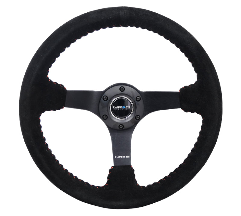 NRG Reinforced Steering Wheel (350mm / 3in. Deep) Blk Suede/Red BBall Stitch w/5mm Matte Blk Spokes Steering Wheels NRG