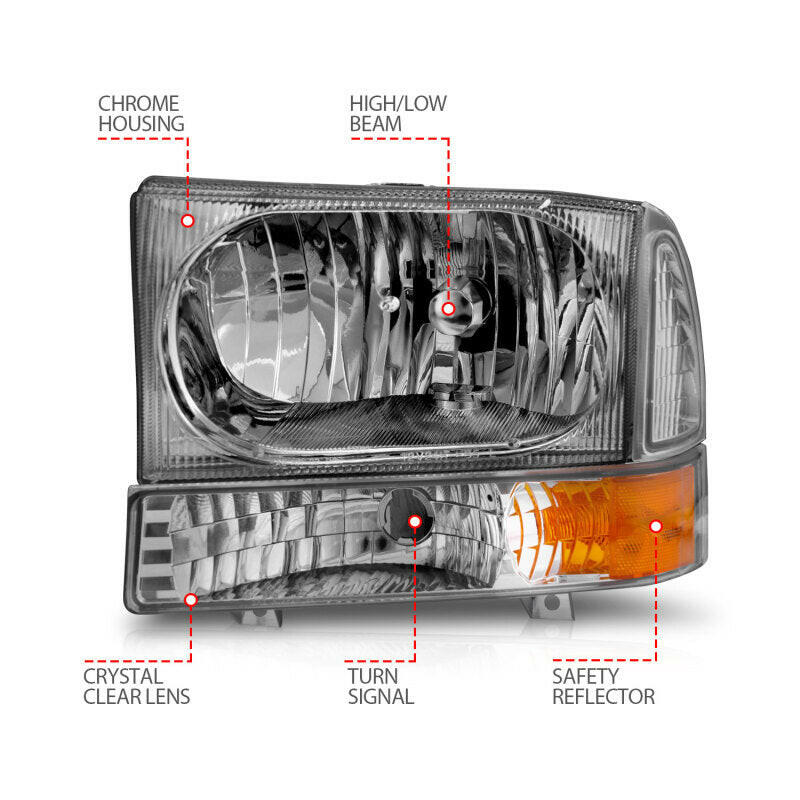 ANZO 2000-2004 Ford Excursion Crystal Headlights Chrome w/ Corner Lights 2pc Headlights ANZO
