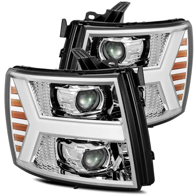 AlphaRex 07-13 Chevy 1500HD PRO-Series Proj Headlights Plank Style Chrome w/Activ Light/Seq Signal Headlights AlphaRex