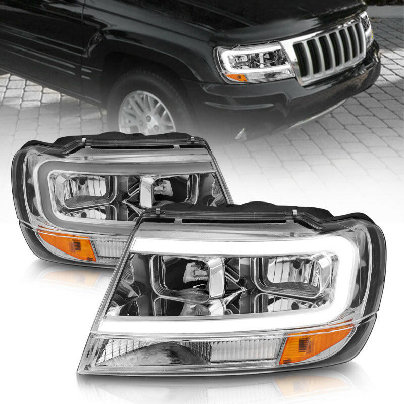 ANZO 1999-2004 Jeep Grand Cherokee Crystal Headlights w/ Light Bar Chrome Housing Headlights ANZO